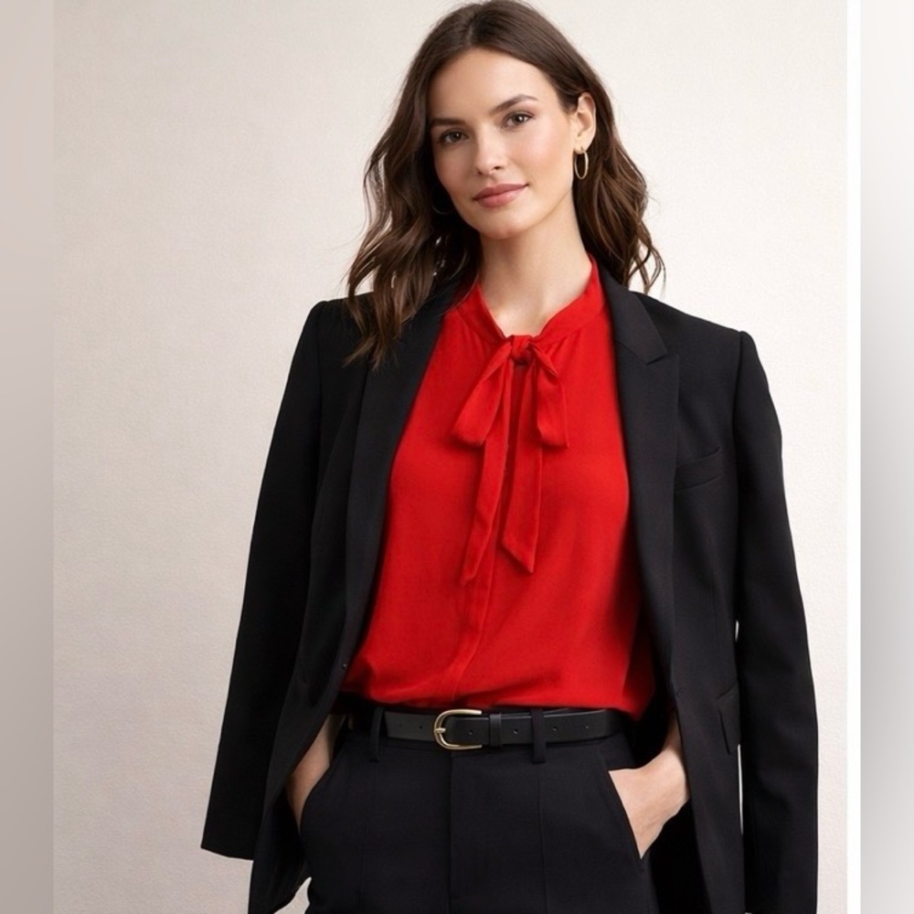 J. Crew Red Long Sleeve Tie Neck Top Size Large